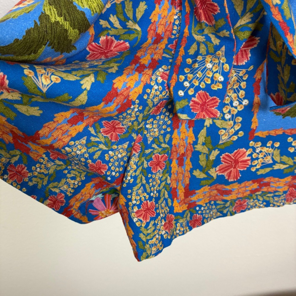 Farm Rio Stitched Garden Blue Linen Romper Women's S Tropical Floral Boho Summer - Picture 3 of 8